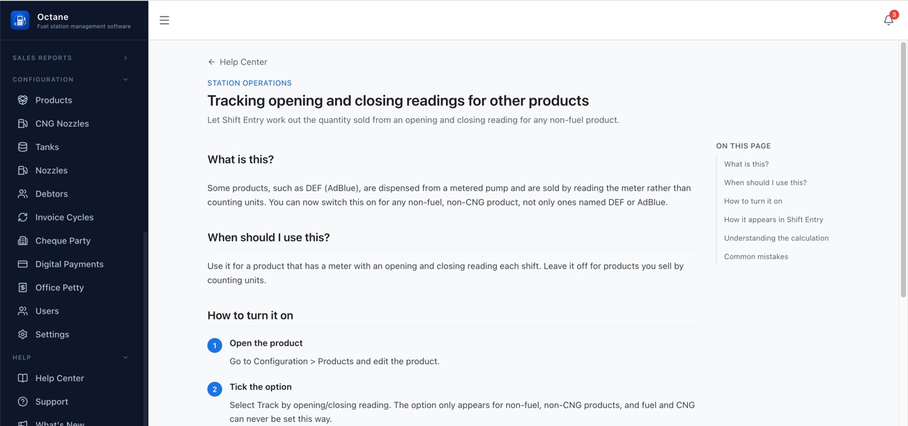 Help article on tracking opening and closing readings for other products, with an on-this-page outline and numbered steps
