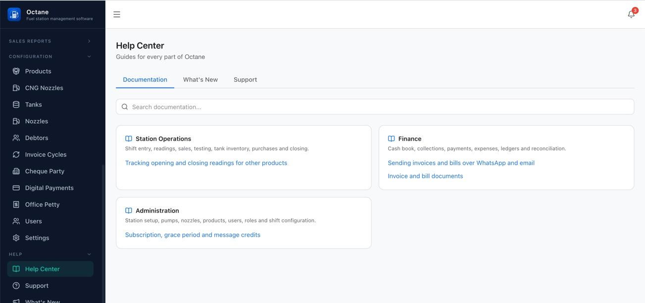 Help Center with a documentation search box and guide categories for Station Operations, Finance and Administration